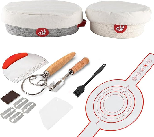 Sourdough Starter Kit,Sourdough Bread Baking Supplies with 2 pack Cotton Rope banneton bread proofing basket with handle,Baking Accessories,Sour Dough Tools,Baking Mat Dough Scraper & More