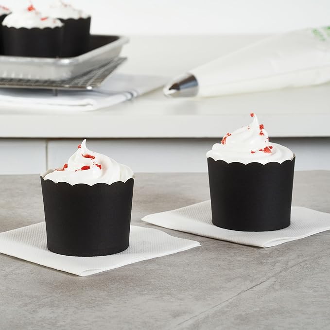 Panificio 6 Ounce Cupcake Wrappers, 200 Scalloped Baking Cups - Oven-Ready, Greaseproof, Black Paper Cupcake Liners, Disposable, For Birthdays, Baby Showers, Or Weddings - Restaurantware