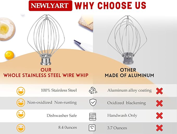 Stainless Steel Whisk Attachment Fits KitchenAid, 6 Wire Whip for 4.5 5 Quart KitchenAid Tilt-Head Stand Mixer，K45WW Kitchen Aid Accessories and Attachments Replacement Parts, Dishwasher Safe