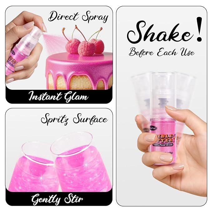Pink Edible Glitter Spray 5g, Shimmer Edible Glitter for Cocktails, Food Grade Luster Dust for Beverages & Cake Decorating, Drinks, Baking, Chocolate