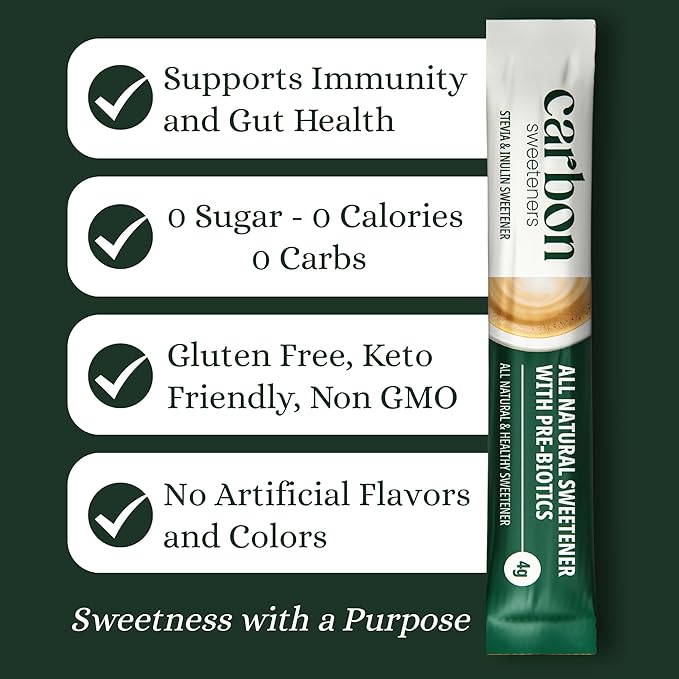 Carbon Sweeteners Stevia Powder Sweetener Packets with an Inulin Supplement - Good Source of Prebiotics That Supports Improved Gut Health, 30 Count (Pack of 1)
