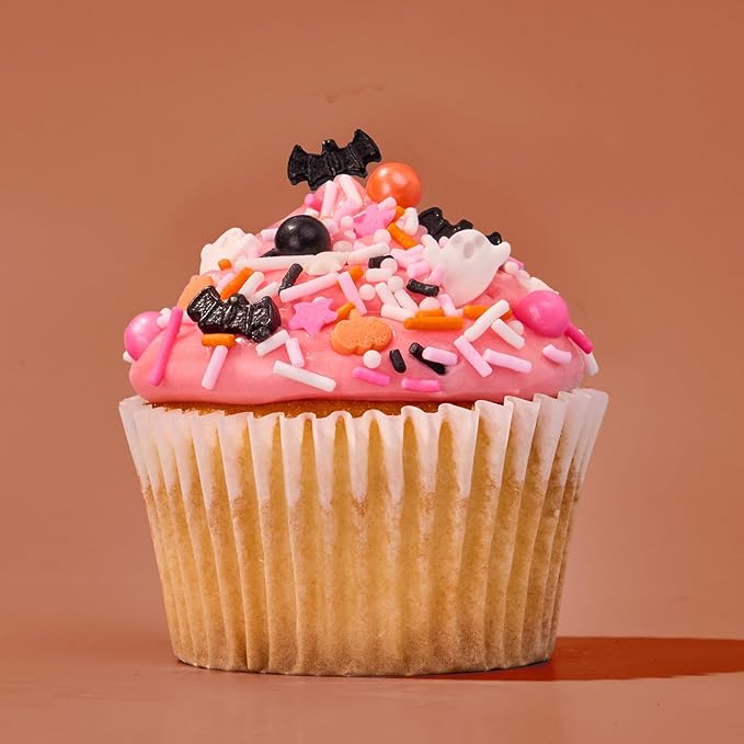 Fancy Sprinkles Glam Reaper Sprinkles Pink, Orange, Black, and White Crunchy Jimmies Candy Pearls, Bats and Pumpkins (0.5c)