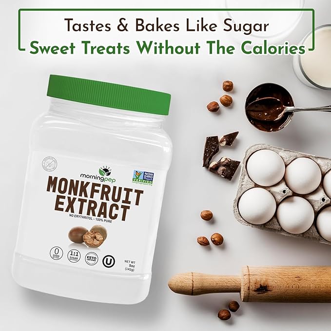Morning Pep 100% Pure Monk Fruit extract sweetener, No Erythritol, Monkfruit Extract Powder, NON-GMO Project Verified, Keto Certified, OU kosher, No Fillers Zero Calories | Over 1,350 Servings | 15 oz