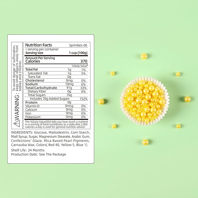 Cobakey Yellow Pearl Sprinkles for Cake Decorations 3.52 ounce Edible Pearl Sugar Sprinkles for Cupcake Toppers Wedding Party Valentines Halloween Christmas Supplies