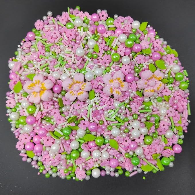 Homankit Edible Flowers for Cake Decorating Pink Flowers Sprinkles White Green Sugar Pearls Baking Cake Cupcake Toppers Cookie Dessert Decorations Birthday Party Supplies with 4 Large Flowers
