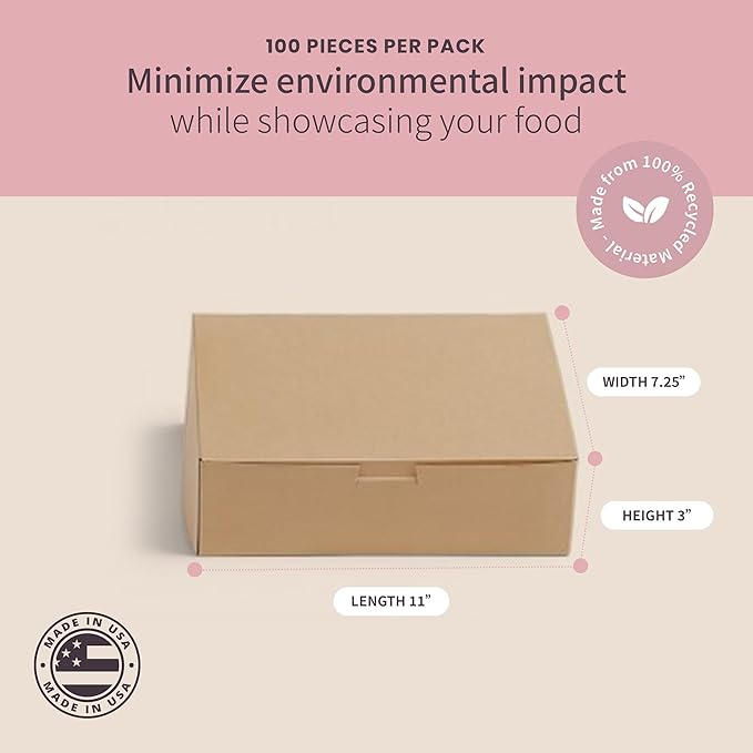 Reversible Bakery Boxes 11 x 7.25 x 3 in, No Window Lock Corner Boxes with Front Tuck Lock & Side Clips, for Danishes, Loaf Cakes & Pastries, Kraft or White Exterior, Microwavable, 100 Pack