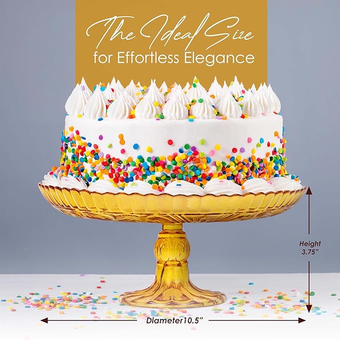 Amici Home Flower Footed Glass Cake Stand | Round Vintage Style Cake Plate | Serving Platter for Cupcakes, Cookies | Dessert Display Stand for Parties, Weddings, and Gift | 10” D x 4” H (Amber)