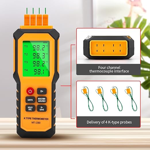 4-Channel K-Type Temperature Thermometer with LCD Backlight Measurement Range- 328℉-2501℉,YMZMeter Data Logger Comes 4 PCS Thermocouple Probe Sensor -104℉-752 ℉ 9V Battery Included.