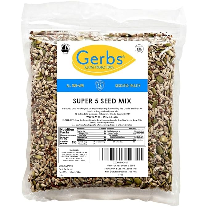 Gerbs Super 5 Seed Snack Mix 1 lb. | Raw, No Artificial Additives, Resealable Bag | Crunchy Pumpkin, Sunflower, Flax, Chia & Hemp Blend | Top 14 Allergen-Free