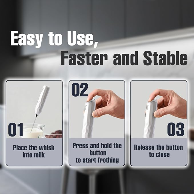 Handheld Milk Frother, Fast Powerful Drink Mixer Battery operated with Stainless Steel Whisk for Coffee (White with Stand)