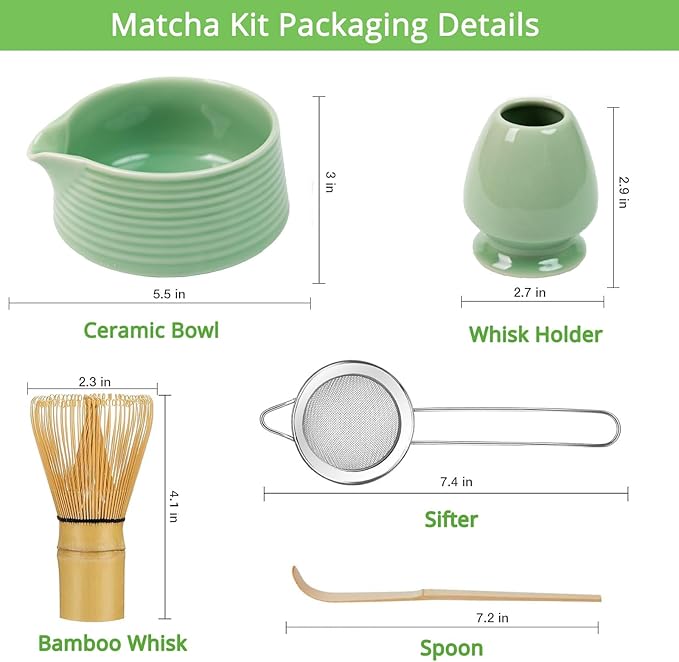 Matcha Whisk Set, Green Matcha Kit with Bowl, Whisk, Bamboo Scoop, Scoop Rest, Sifter - 5 Pcs Kit for Lover