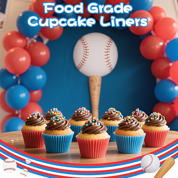 200PCS Red and Blue Cupcake Liners Muffin Baking Cups Wrappers for Blue and Red Birthday Party Supplies Disposable Pastel Cupcake Papers for Sports Theme Baseball Birthday Party Decorations