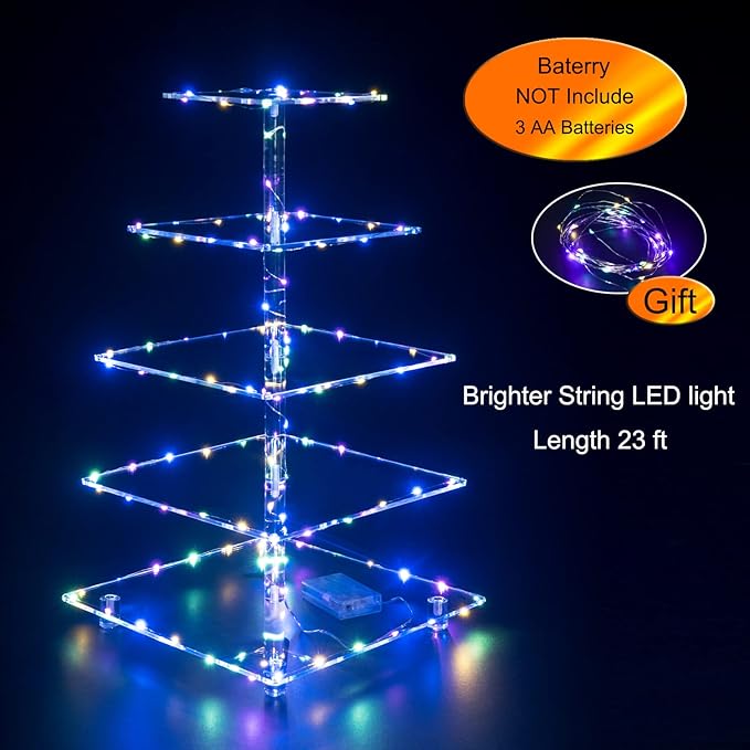 Cupcake Stand, 5-Tier Square Cupcake Holder with LED Light String, Acrylic Cupcake Tower Display-Dessert Tower-Pastry Stand-Cupcake Tier Stand for Wedding, Birthday Party (Colorful Light)…