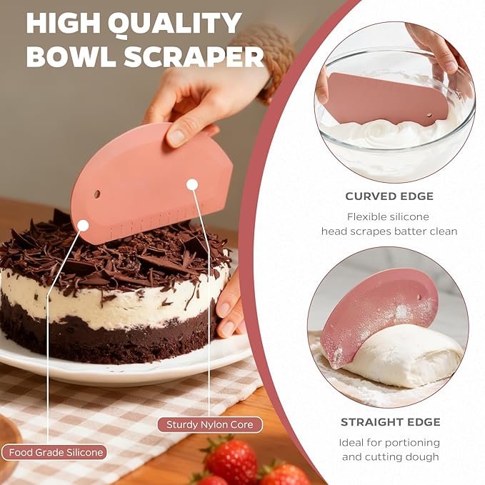 Bowl Scraper Dough Scraper Tool - Set of 2 Silicone Bench Scraper for Baking, Kitchen Pastry Scraper for Bread, Cake, Batter, cheese, Cream, Honey, Jam, Food Scraper with Curved Edge, Red & Grey