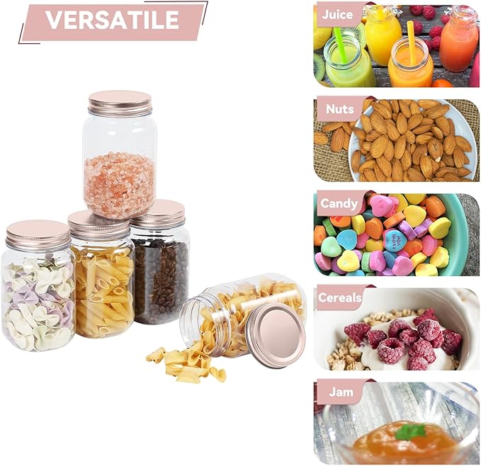 novelinks 16 oz Clear Plastic Jars with Screw-On Lids - BPA-Free Refillable Storage Containers for Slime, Food, Crafts, Kitchen & Household Use (20 Pack,Rose Gold)