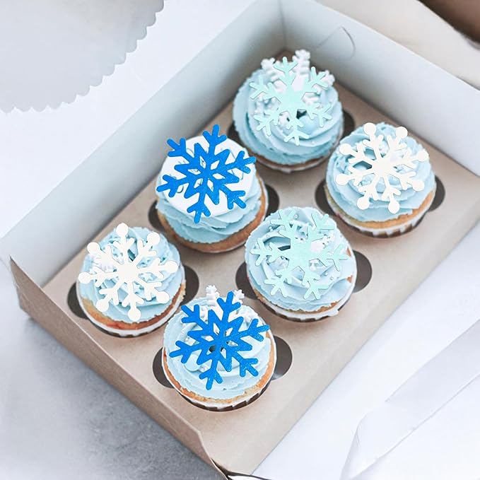 Gyufise 60Pcs Edible Snowflake Cupcake Toppers Winter Cupcake Picks Water Paper Winter Frozen Cake Decorations for Snowflake Theme Baby Shower Kids Birthday Party Supplies Light Blue White