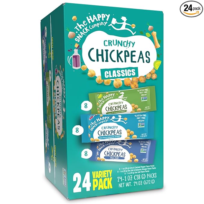 Happy Snack Company Crunchy Chickpeas Classics Variety Pack (Pack of 24 1oz) Classic Sea Salt x 8 Lime & Cracked Pepper x8 Sea Salt & Balsamic x8.