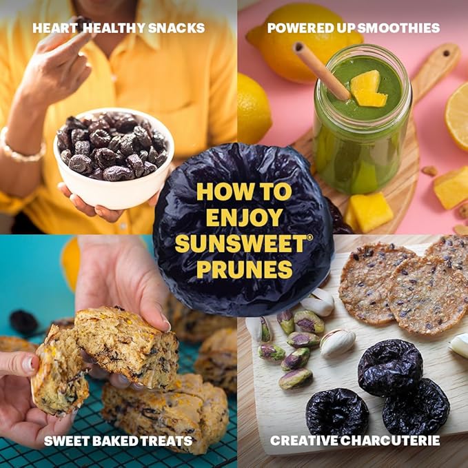 Sunsweet Amazin' Prunes - Bite Size Prunes Pitted Unsweetened & Dried - Gluten Free, Vegan, Low Fat - Fiber & Minerals - 8 oz pouch - 6 Pack