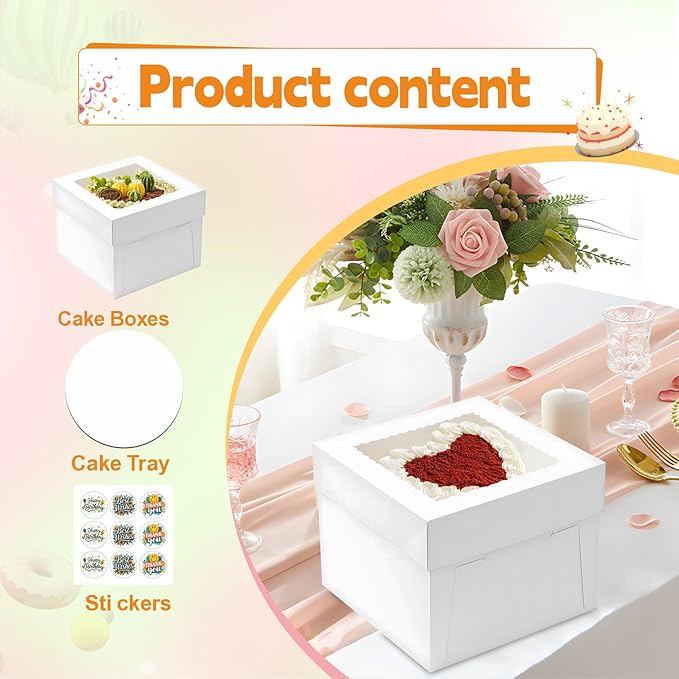 7pcs Cake Boxes, 10x10x8 Inch Cake Box With Viewing Window and Cake Board and Stickers, Tall Cake Box, Suitable for Birthday, Party, Wedding, Banquet