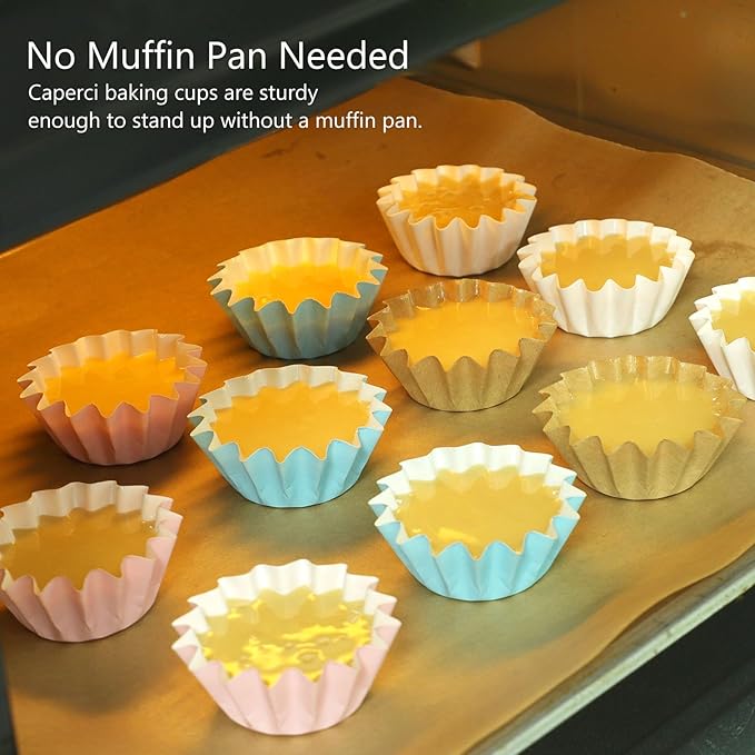 Caperci Heavy Duty White Mini Cupcake Liners 200 Counts - Grease-Resistant Paper Muffin Baking Cups, Odorless, No Muffin Pan Needed, Easily Peels (White)