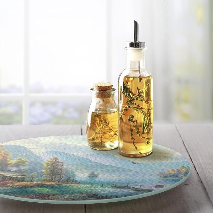CounterArt Cabin in The Mountains 4mm Tempered Glass Lazy Susan Turntable 13" Diameter Condiment Caddy Cake Plate Pizza Server