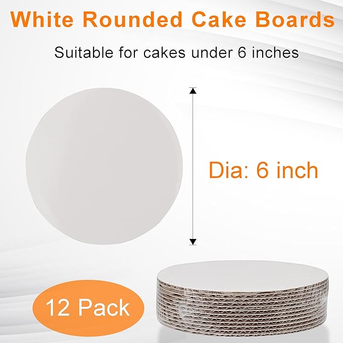 Disposable 6 Inch Round Cake Boards - Sturdy Corrugated White Cake Base - 12-Pack