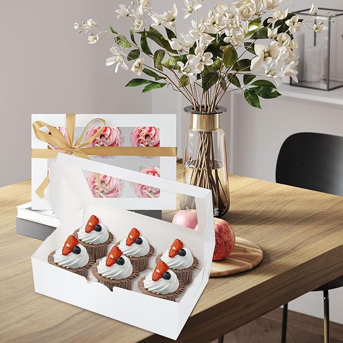RHBLME 50 Pack Cupcake Boxes 6 Count, 9.3x6.2x2.9 Inch Cupcake Box Half Dozen Cupcake Boxes White Cupcake Containers with Clear Window, 6 Cupcake Box for Cupcakes Muffins Cookies Pastries