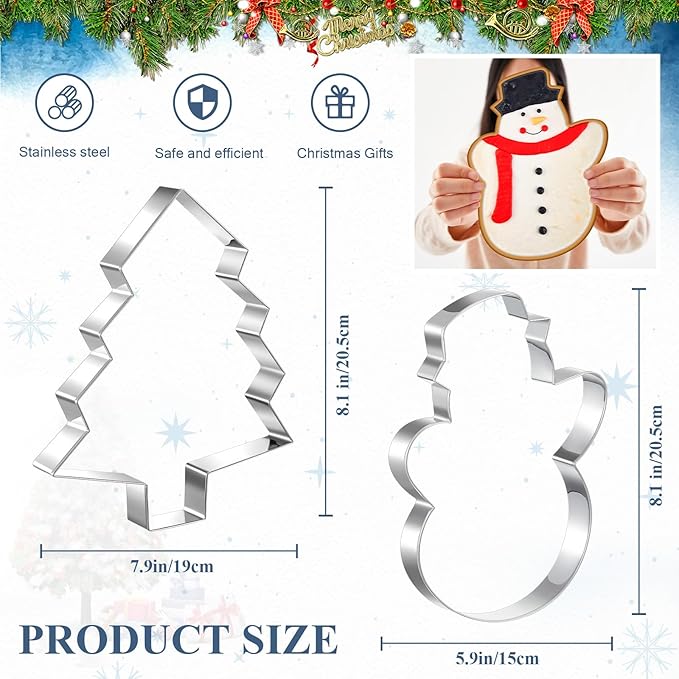 2 Pcs Large Christmas Cookie Cutters 8" Extra Large Christmas Tree and Snowman Stainless Steel Giant Cookie Cutter for Xmas Holiday Baking
