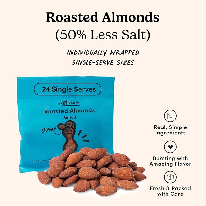 Nuts.com Roasted Almonds (50% Less Salt) – 24 Single-Serve Bags – Healthy, Gluten-Free, High-Protein, Low-Carb Keto Snacks for Adults – Individually Wrapped Nuts – Shelf-Stable Bulk Snacks for Office or Road Trips