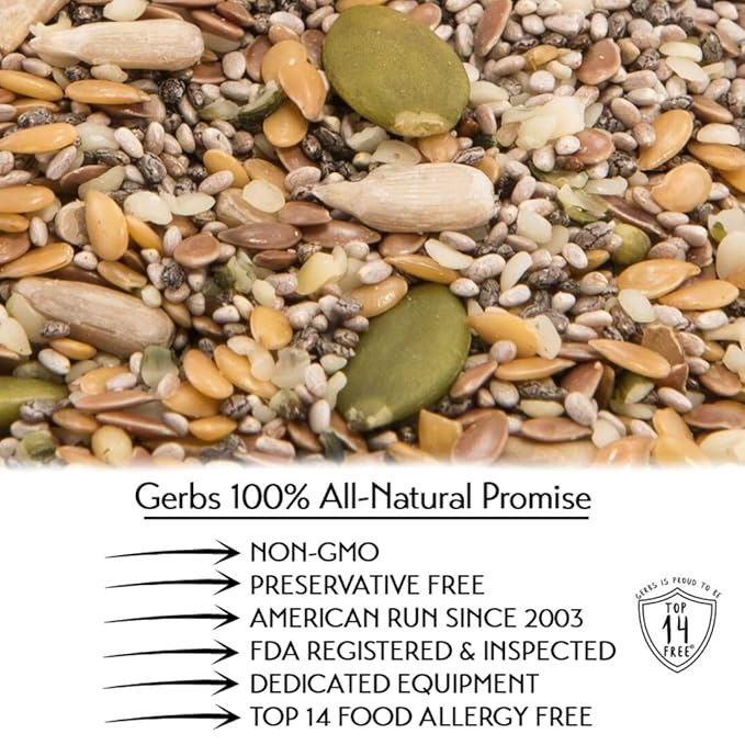 Gerbs Super 7 Seed Snack Mix 1 lb. | Raw, No Artificial Additives, Resealable Bag | Crunchy Pumpkin, Sunflower, Brown & Golden Flax, Black & White Chia, Hemp | Top 14 Allergen-Free