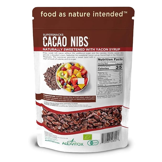Cacao Nibs Naturally Sweetened with Yacon Syrup | Raw Organic, Sugar Free, Keto, Paleo and Vegan Friendly | Antioxidant and Protein Rich Criollo Chocolate Snack by Alovitox | 24 oz (3 x 8 oz)