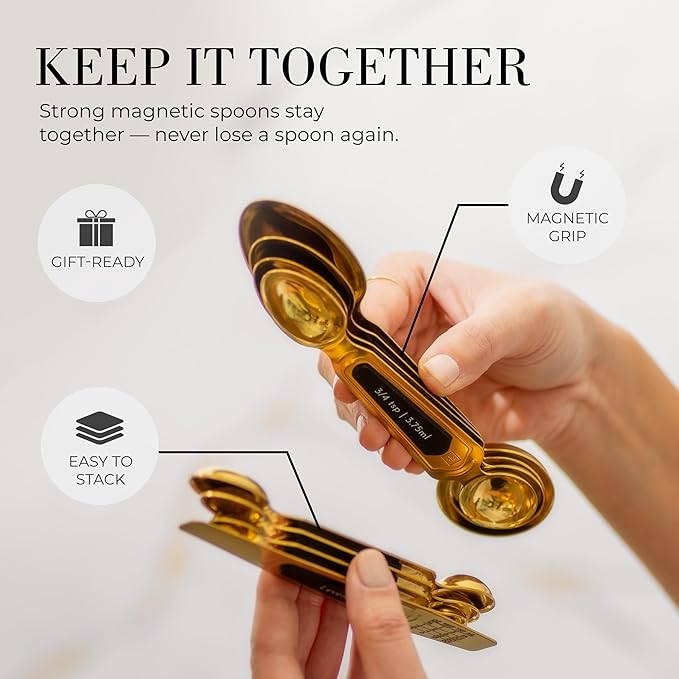 Gold Magnetic Measuring Spoons with Leveler - Featuring 8-Piece Upgraded Style, Dual-Sided, Stackable, Stainless Steel Gold Measuring Spoons Set - Fits in Spice Jars, Luxury Kitchen Accessories