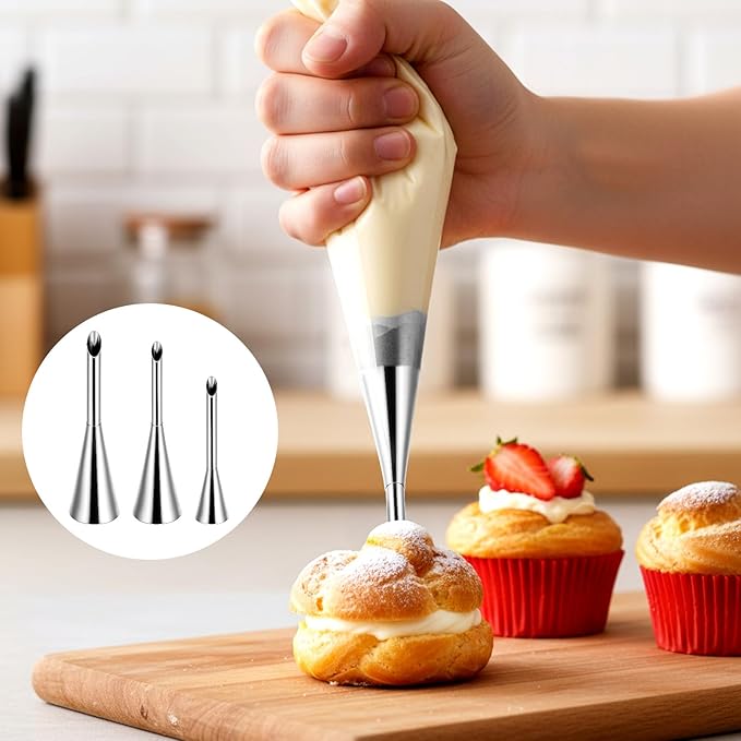 Puff Cupcake Filling Piping Tip Set, 50 Pcs Pastry Bags 3 Pcs Tips Stainless Steel Long Puff Nozzle Tip Disposable Clear Pipes Bag with 1 Piece Cleaning Brush for Birthday Wedding Christmas Donuts