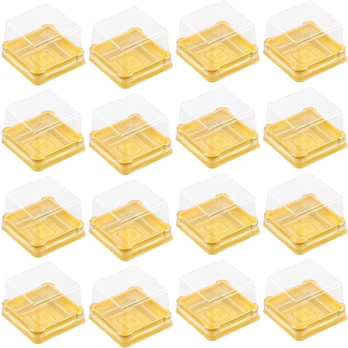 UPKOCH 50pcs Plastic Mini Cake Box, Square Moon cake Dome Cake Boxes, Golden Christmas Festival Wedding Birthday Packing Box, Size S, 2.16x1.85x1.57 inches
