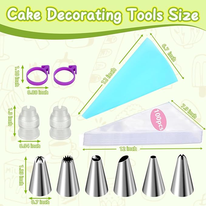 NOVANO Piping Bags and Tips Set, Cakes Decorating Supplies Kit with 100pcs 12 Inch Pastry Bags, 6 Piping Tips,1 Reusable Pastry Bags, 2 Couplers, and 2 Icing Bags Ties,Simple and Convenient Baking Set