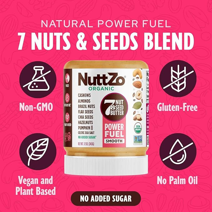 NuttZo Organic Power Fuel 7 Nuts and Seeds Butter, Smooth, Paleo and Keto Friendly, Peanut and Gluten Free, Vegan, Kosher, No Added Sugar or Oil, 12 oz Jar, 6 Pack
