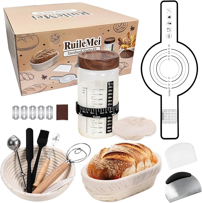Sourdough Starter Kit,40oz Sourdough Starter Jar with sealed Lid,2 Banneton Bread Proofing Baskets (9”Round & 10”Oval),Bread Making Supplies Tools,Complete Sourdough Bread Baking Supplies