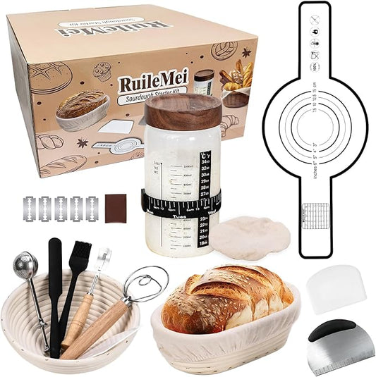 Sourdough Starter Kit,40oz Sourdough Starter Jar with sealed Lid,2 Banneton Bread Proofing Baskets (9”Round & 10”Oval),Bread Making Supplies Tools,Complete Sourdough Bread Baking Supplies