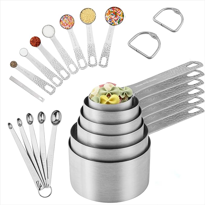 18/8 Stainless Steel Measuring Cups and Spoons Set, Metric & US 6 Measuring Cups and 7 Measuring Spoons with Leveler & 5 Mini Measuring Spoons for Baking & Kitchen