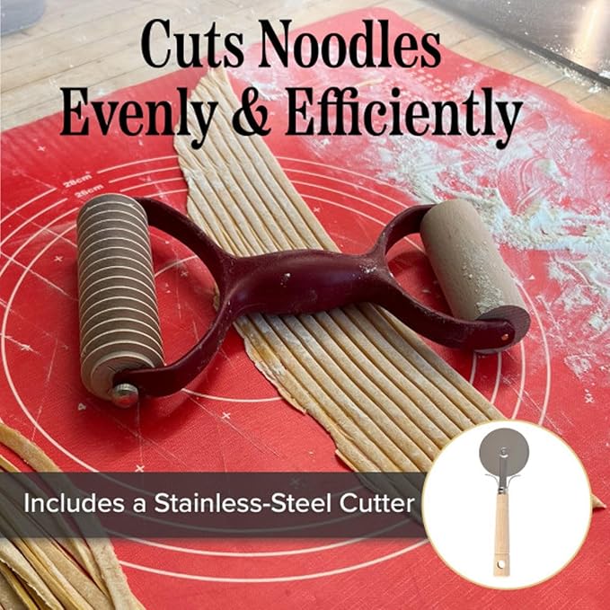 7 Pcs Pasta Making Tools - Kitchen Set with Handle, Pasta Cutter, Small Rolling Pin, and 4 Grooved Rollers for Spaghetti, Fettucine, Tagliatelle, and Pappardelle - Made in Italy by Classic Cuisine