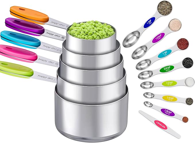 13PCS Magnetic Measuring Cups and Spoons Set - 7 Double-Sided Stainless Steel Magnetic Measuring Spoons & 1 Leveler + 5 Stainless Steel Measuring Cups - Kitchen Baking Tools for Cooking
