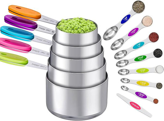 13PCS Magnetic Measuring Cups and Spoons Set - 7 Double-Sided Stainless Steel Magnetic Measuring Spoons & 1 Leveler + 5 Stainless Steel Measuring Cups - Kitchen Baking Tools for Cooking