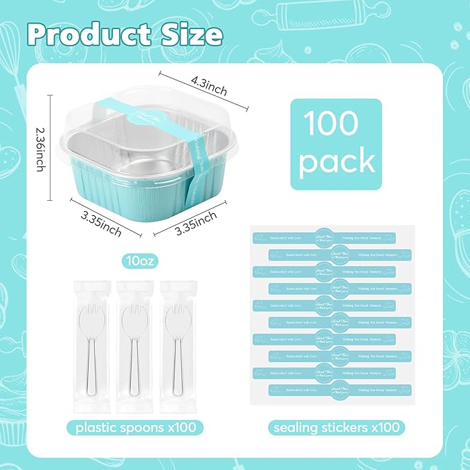 Ruckae 10oz 100 Pcs Square Mini Loaf Pans with Lids-Disposable Foil Dessert Containers,Mini Cake Pans with Lids,Aluminum Dessert Cups for Parties and Weddings (Light Blue, 10oz)