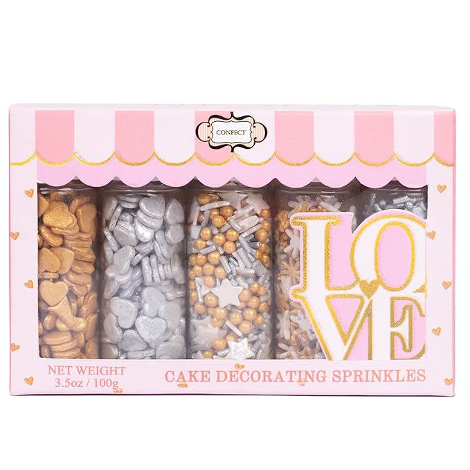 Confect Christmas Sprinkles | Grey, Gold & White Mix | Edible Star, Pearl & Flower Shaped Sprinkles | Elegant Holiday Cake & Cupcake Decorations- 5 Oz