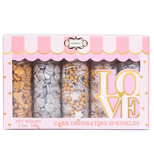 Confect Christmas Sprinkles | Grey, Gold & White Mix | Edible Star, Pearl & Flower Shaped Sprinkles | Elegant Holiday Cake & Cupcake Decorations- 5 Oz