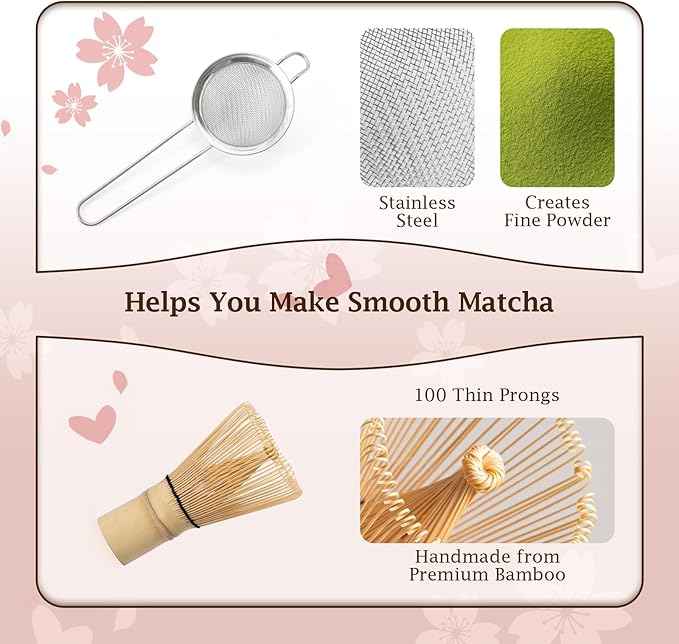 7 Pcs Matcha Whisk Set, Includes Heart Shaped Matcha Bowl with Spout, Holder And Rest, Bamboo Whisk And Scoop, Stainless Steel Sifter, Tea Towel. Complete Matcha Kit for Beginners And Gifts