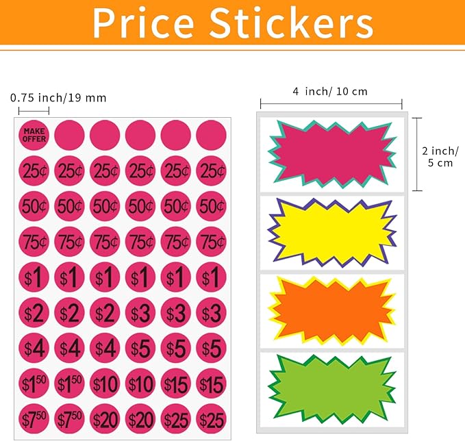 Yard Sale Price Stickers Garage Sale Pre-Priced Price Tag Labels, 2160 PCS 3/4" Diameter and 20 Large Stickers Flea Market Pre-Printed Pricing Sticker for Retail
