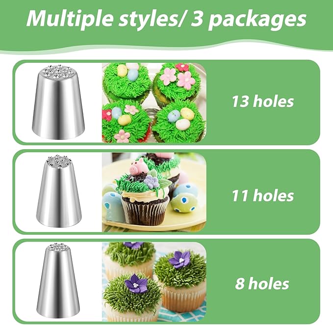 Prasacco 3 PCS Grass Piping Nozzle, Stainless Steel Grass Nozzles for Cake Decorating Icing Nozzles Set Cream Tips Cake Decorating Piping Nozzle for Cakes, Cupcakes Fondant