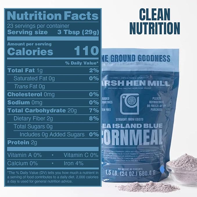 Marsh Hen Mill Sea Island Blue Cornmeal | Corn with Floral Aroma | Perfect Stone Ground Cornmeal for Corn Bread | Traditional Blue Corn Flour | 100% Natural & Gluten Free, 24 oz (Pack of 1)