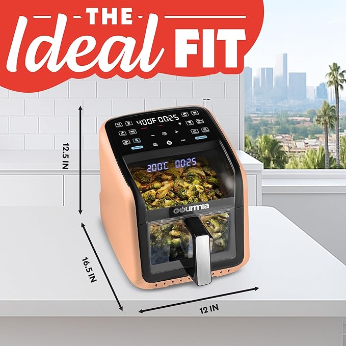 Gourmia Air Fryer 7 QT - Easy View Panoramic Window & Interior Light, Guided Cooking with 12 One-Touch Presets, FryForce 360, Dishwasher Safe Accessories, Peach